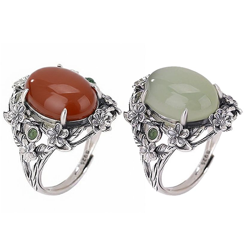 S925 보헤미안 에스닉 자스퍼 옥수 원석 플라워 오픈링