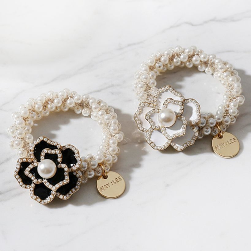 샤인 플라워 카멜리아 진주 범벅 포인트 머리끈 포니테일