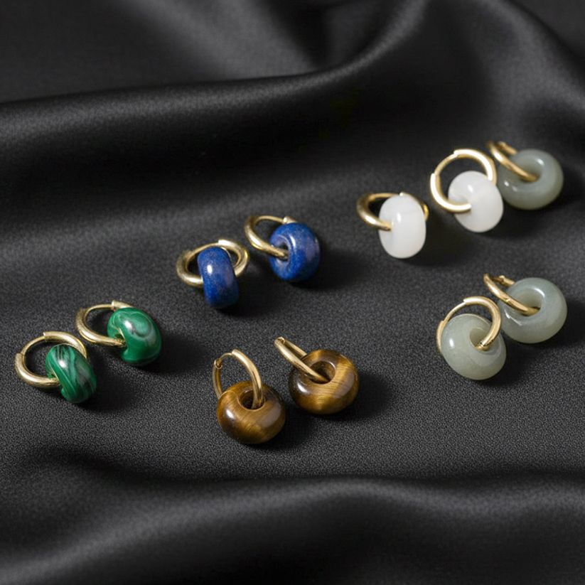 데일리 티타늄스틸 14K 청금석 공작석 백옥 원석 귀걸이