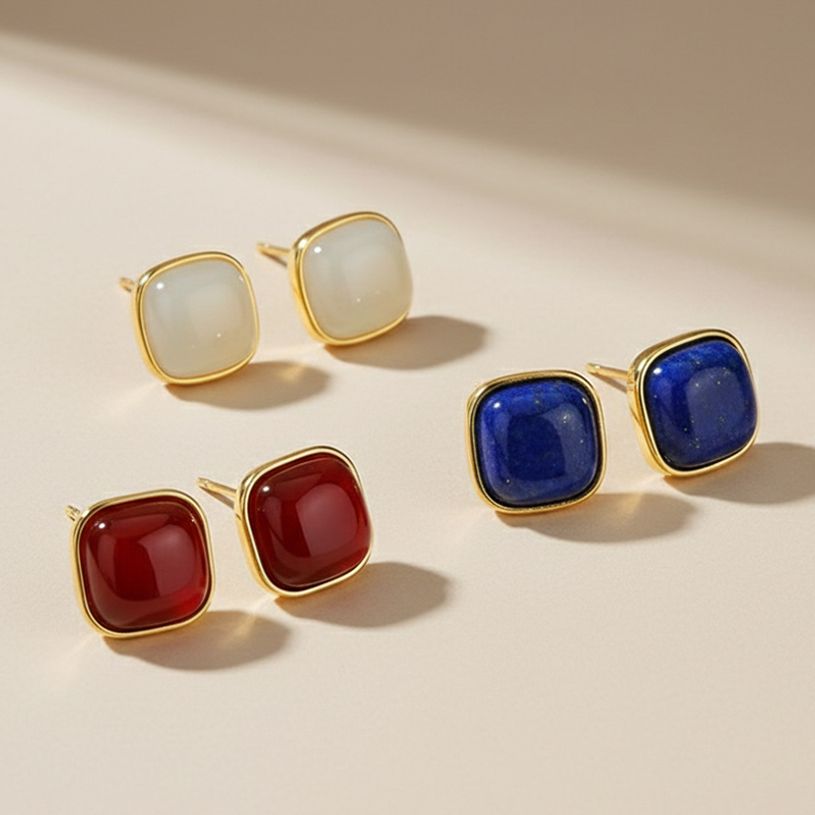 10mm 포인트 원석 청금 남홍 백옥 스퀘어 골드 스터드