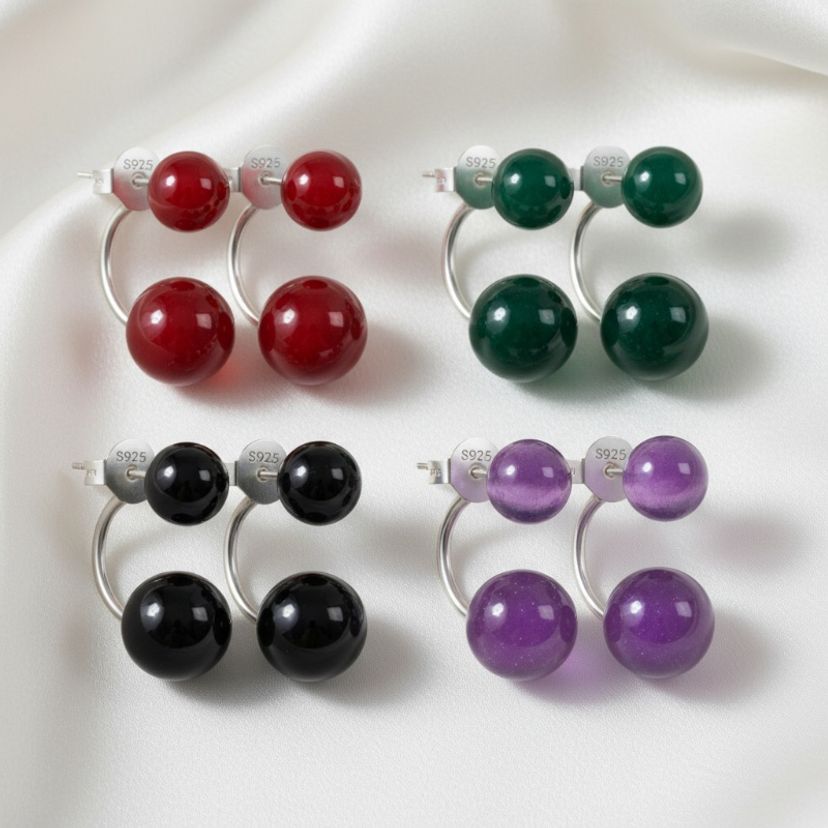 S925 원석 아게이트 자수정 C컬 더블 볼 드롭 이어링