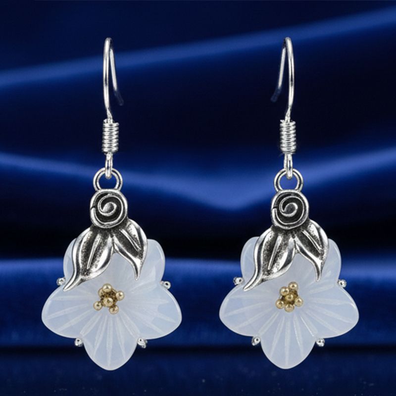화이트 제이드 원석 백옥 S925 실버 꽃 드롭 귀걸이