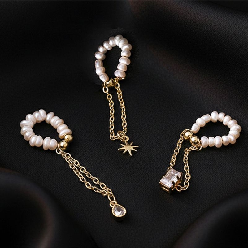 비피어싱 담수 쌀진주 체인 드롭 귀찌 이어커프 3종