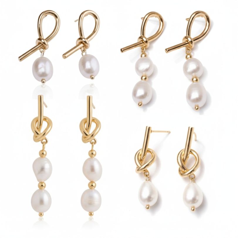 자연주의 10mm 14K 담수진주 골드 매듭 드롭 이어링 4종
