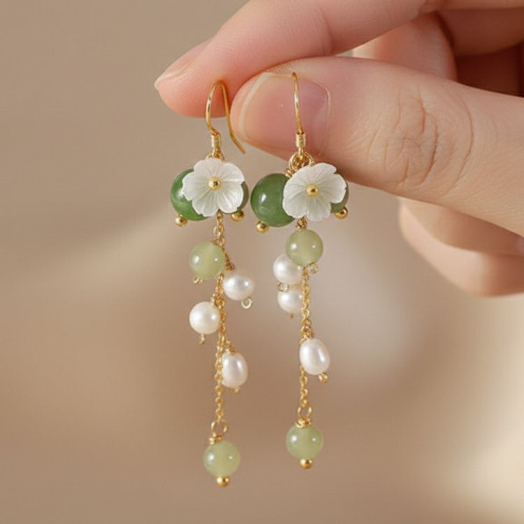 청초한 원석 진주 꽃 자개 S925 18K 골드 롱 드롭 귀걸이